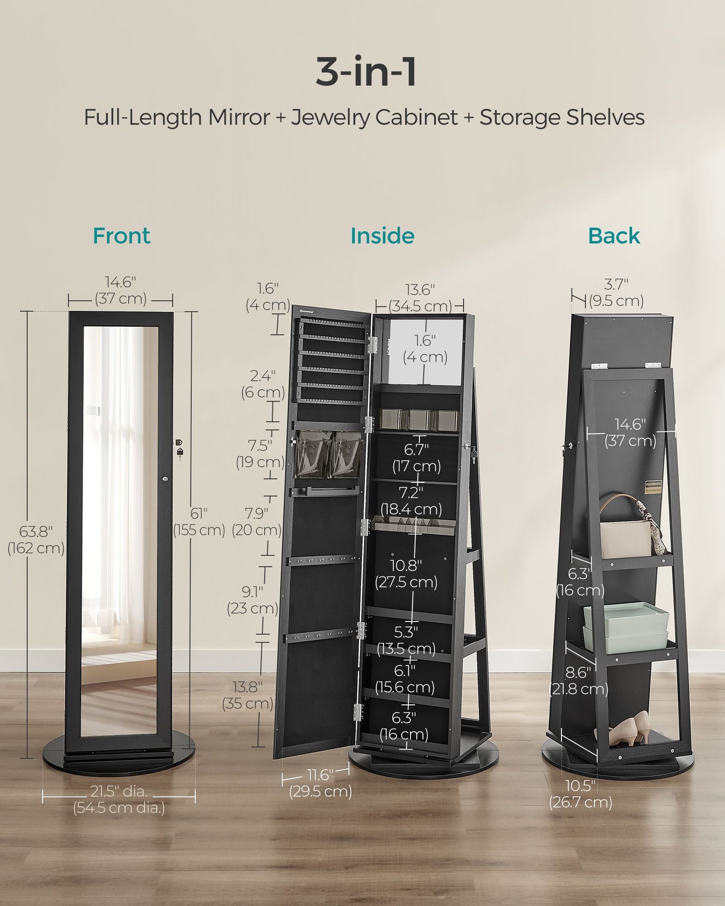 Lockable Jewelry Organizer with Full-Length Mirror