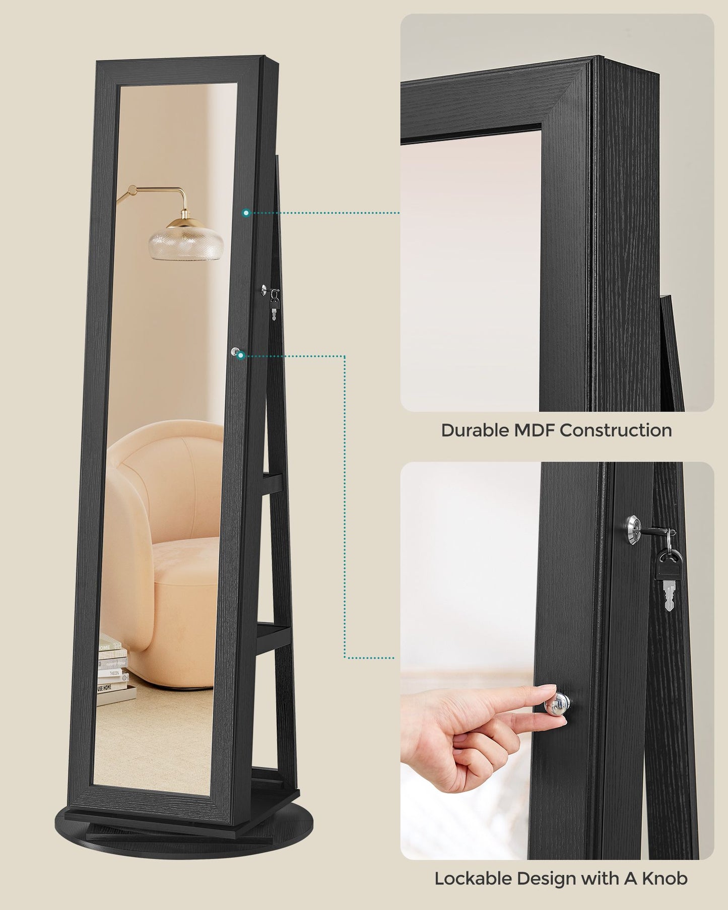 Lockable Jewelry Organizer with Full-Length Mirror