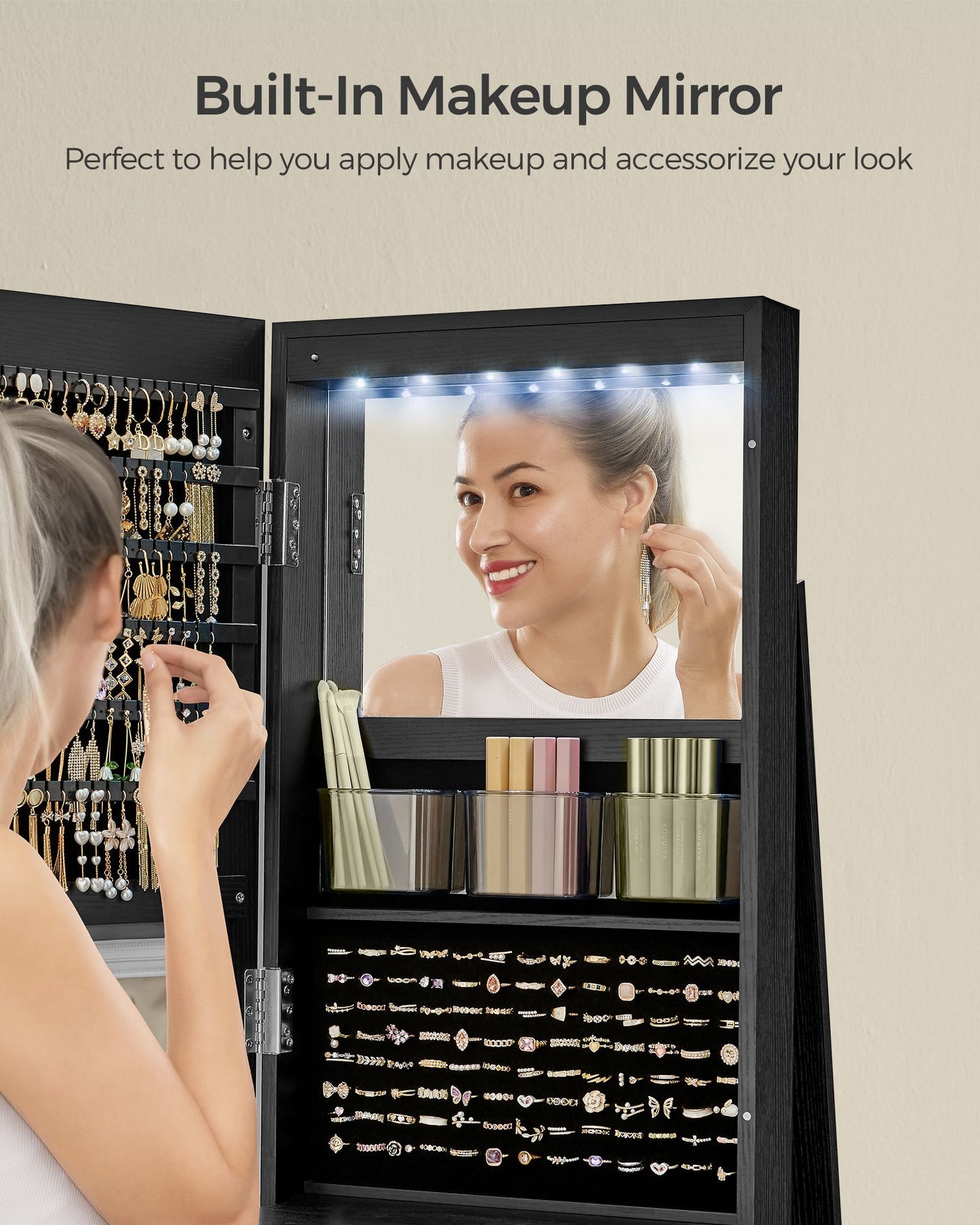 6 LEDs Lockable Mirror Jewelry Cabinet - HWLEXTRA 