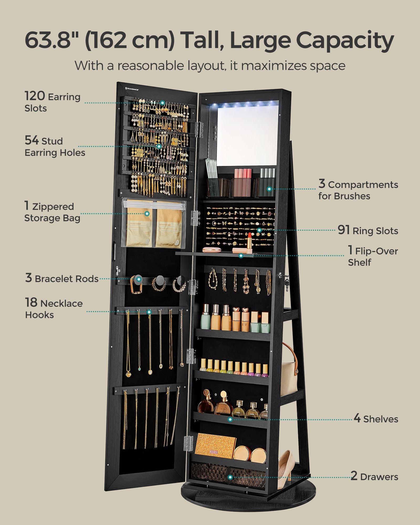6 LEDs Lockable Mirror Jewelry Cabinet - HWLEXTRA 