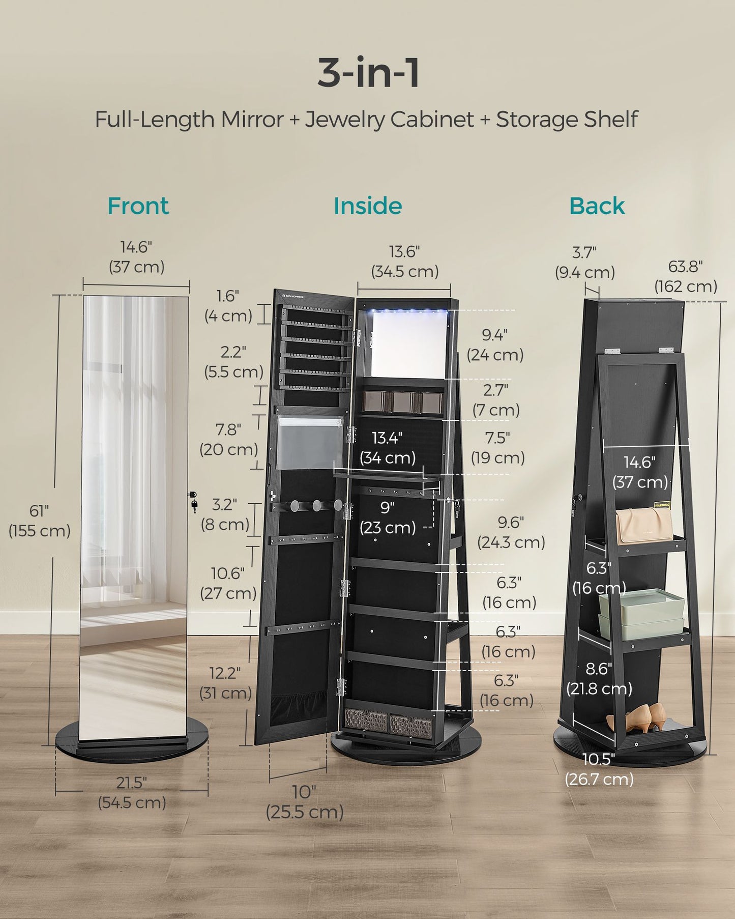 6 LEDs Lockable Mirror Jewelry Cabinet - HWLEXTRA 