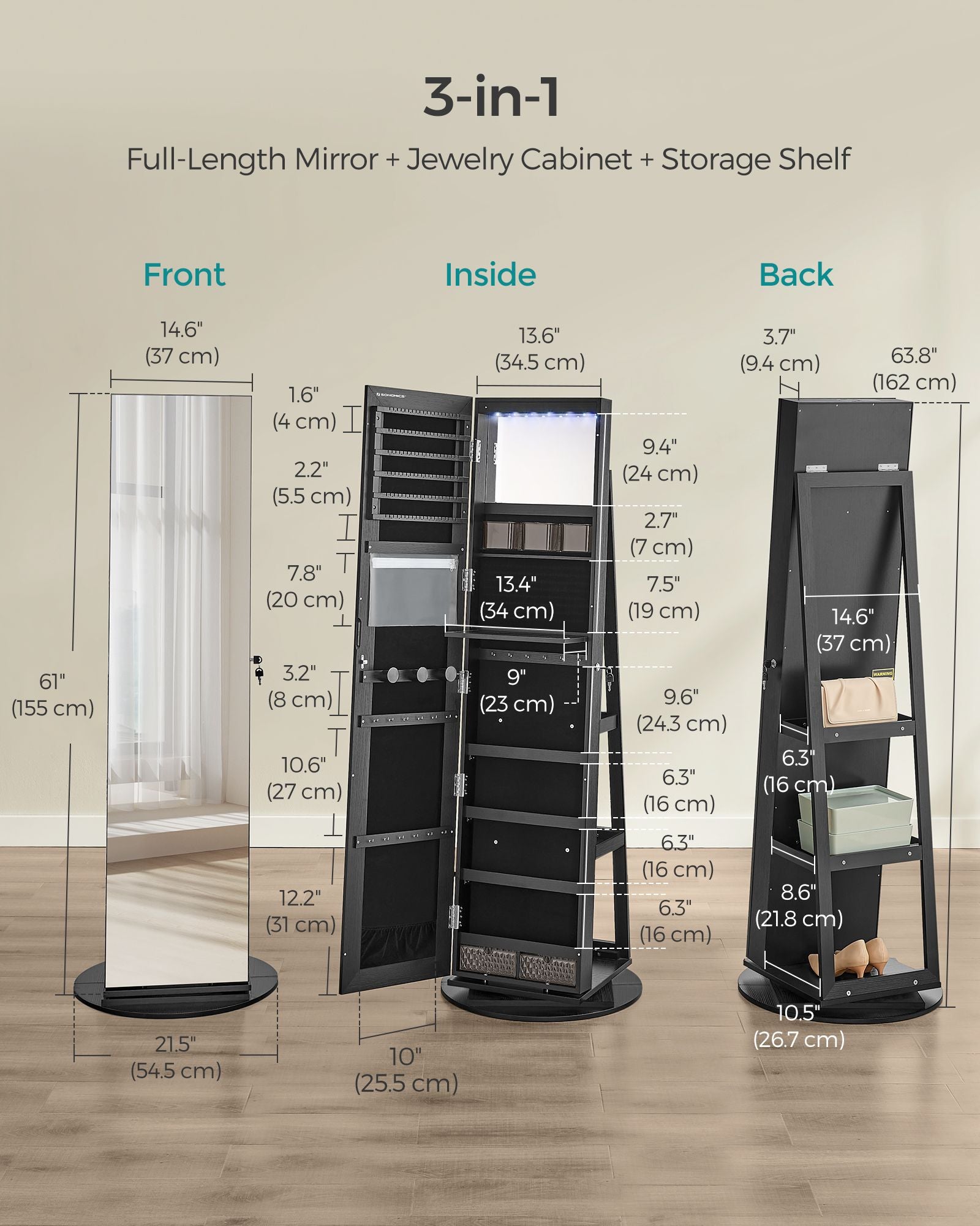 6 LEDs Lockable Mirror Jewelry Cabinet - HWLEXTRA 