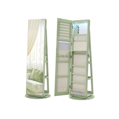 6 LEDs Lockable Mirror Jewelry Cabinet Laurel Green Surface Cream White Lining
