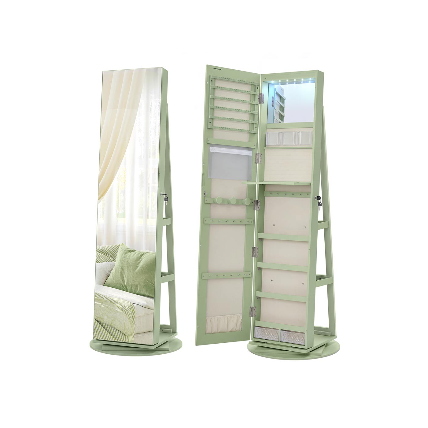 6 LEDs Lockable Mirror Jewelry Cabinet Laurel Green Surface Cream White Lining