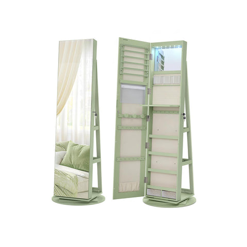 6 LEDs Lockable Mirror Jewelry Cabinet Laurel Green Surface Cream White Lining