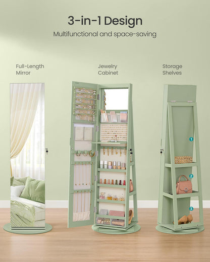6 LEDs Lockable Mirror Jewelry Cabinet Laurel Green Surface Cream White Lining