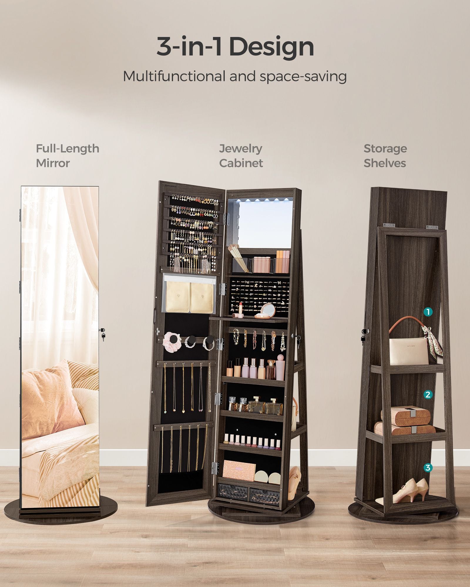 6 LEDs Lockable Mirror Jewelry Cabinet - HWLEXTRA 