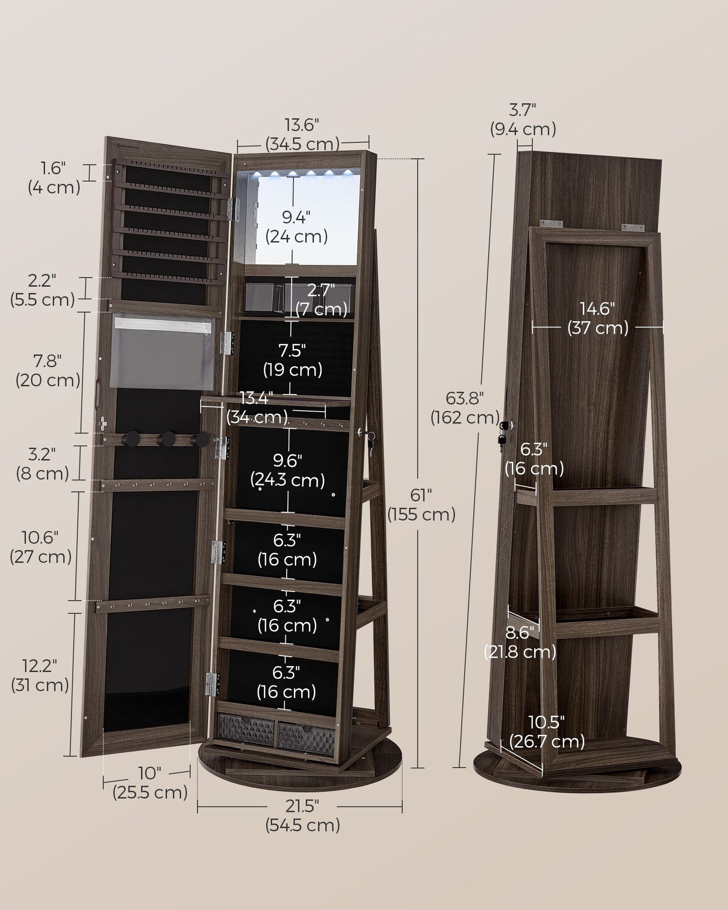 6 LEDs Lockable Mirror Jewelry Cabinet - HWLEXTRA 