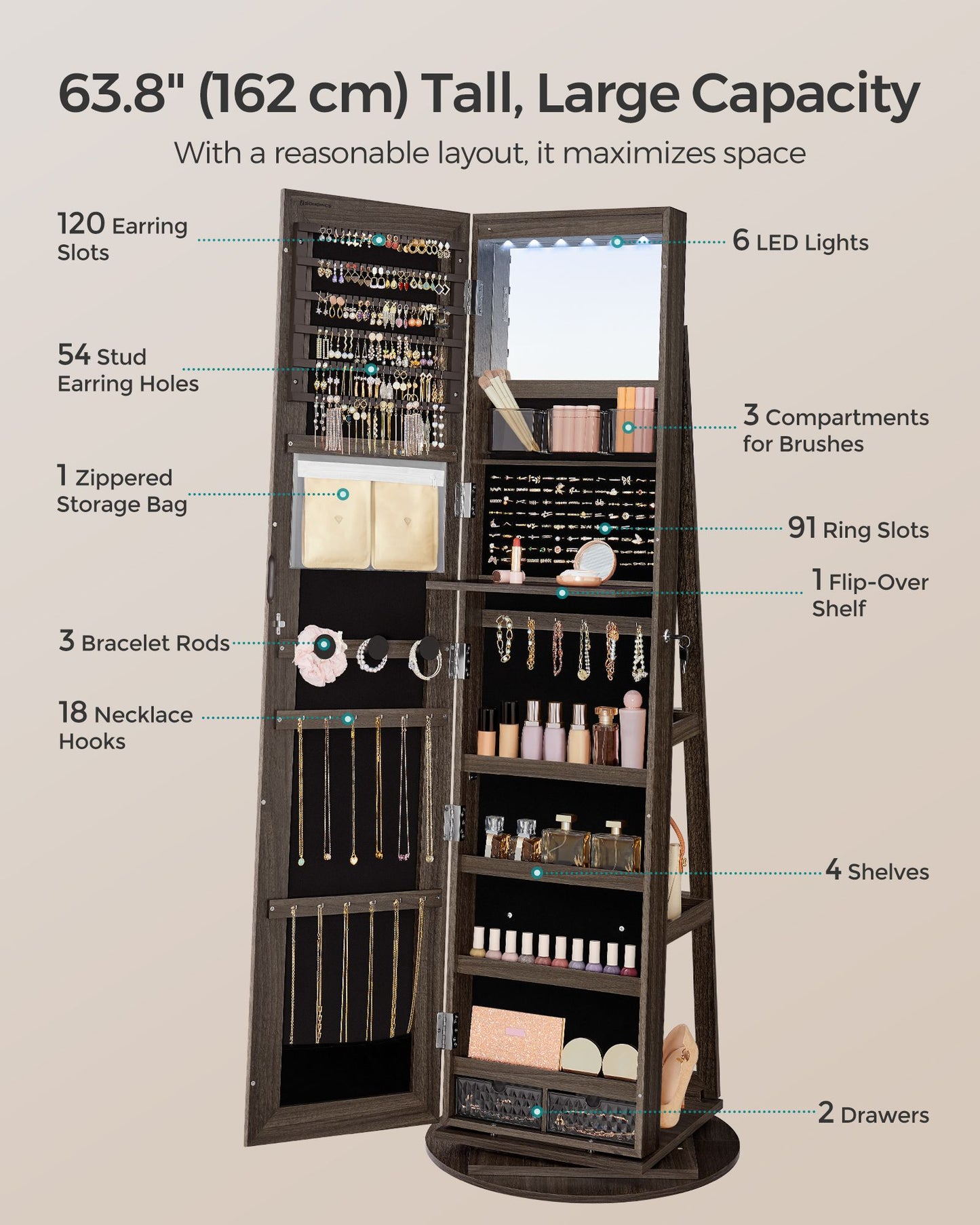 6 LEDs Lockable Mirror Jewelry Cabinet - HWLEXTRA 