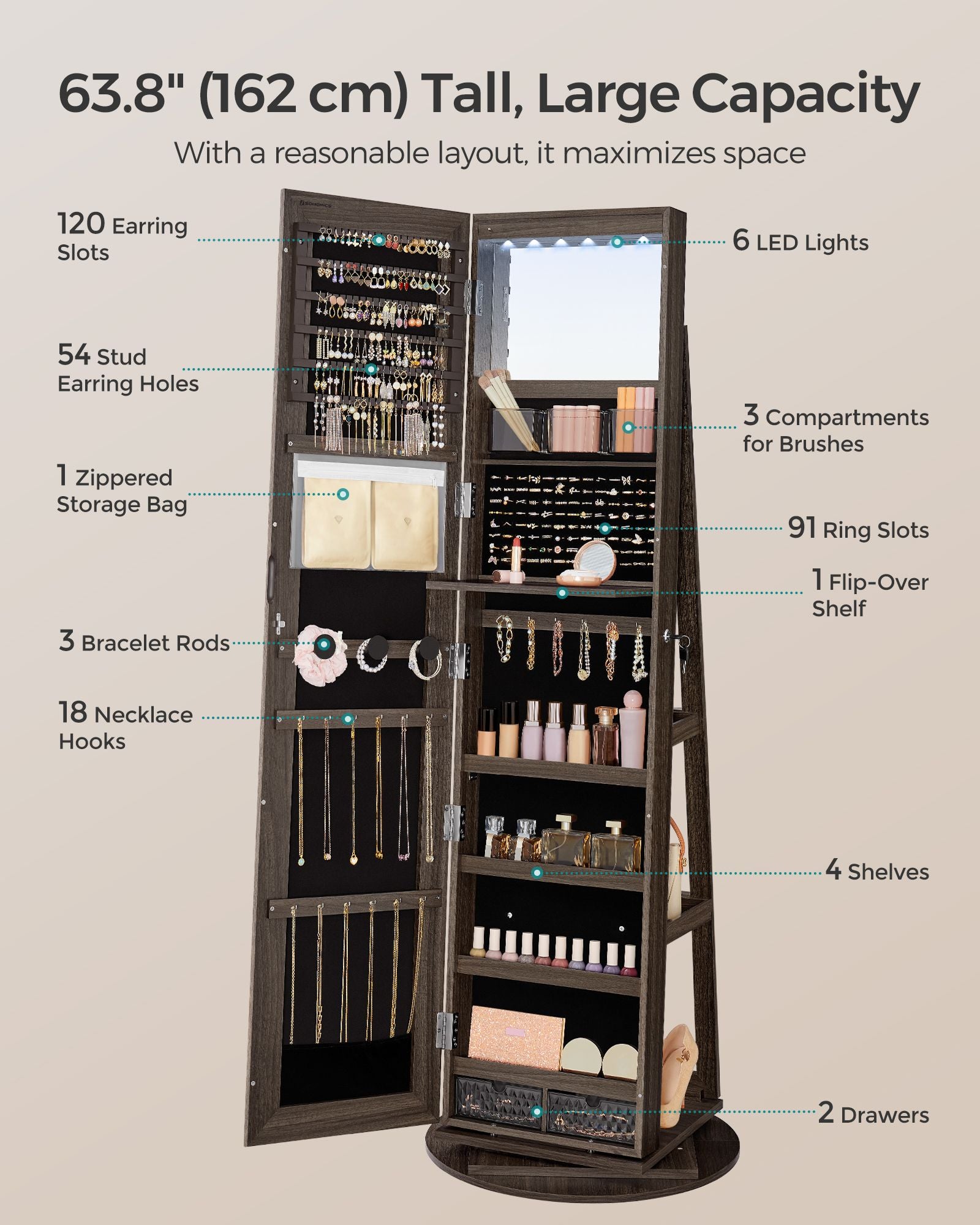 6 LEDs Lockable Mirror Jewelry Cabinet - HWLEXTRA 