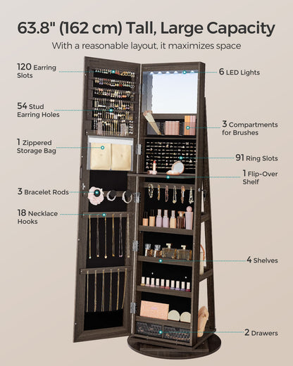 6 LEDs Lockable Mirror Jewelry Cabinet - HWLEXTRA 