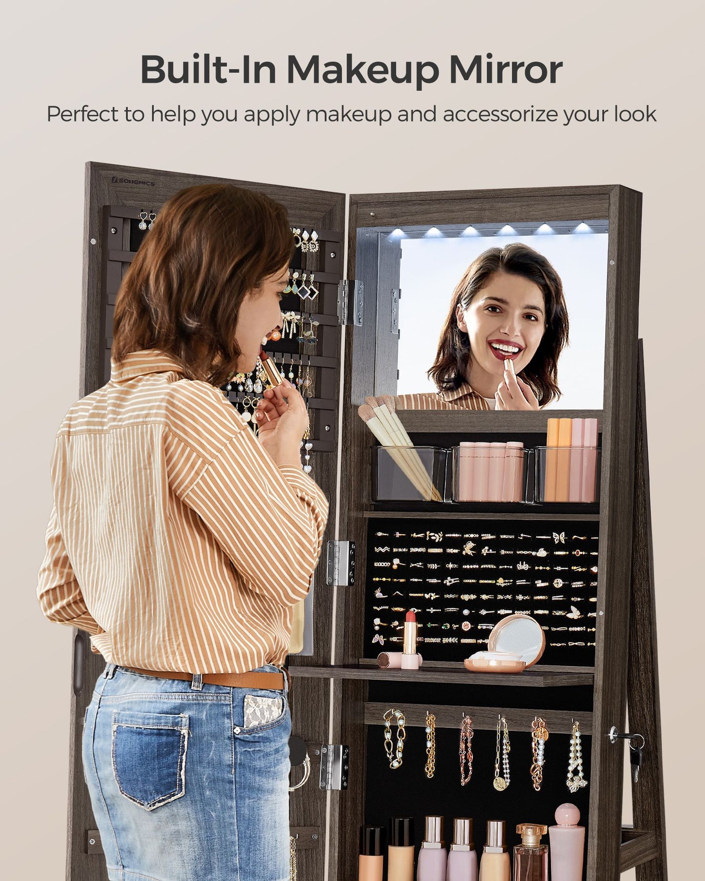6 LEDs Lockable Mirror Jewelry Cabinet - HWLEXTRA 