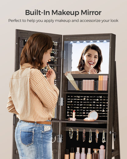 6 LEDs Lockable Mirror Jewelry Cabinet - HWLEXTRA 