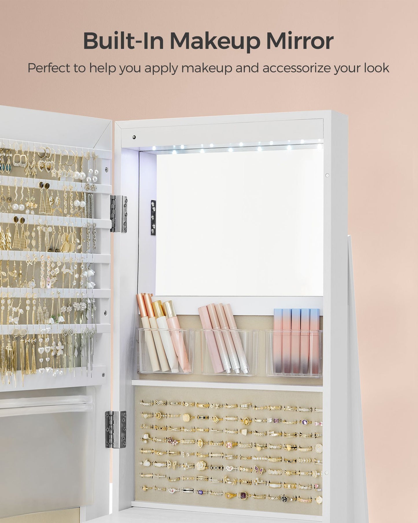 6 LEDs Lockable Mirror Jewelry Cabinet