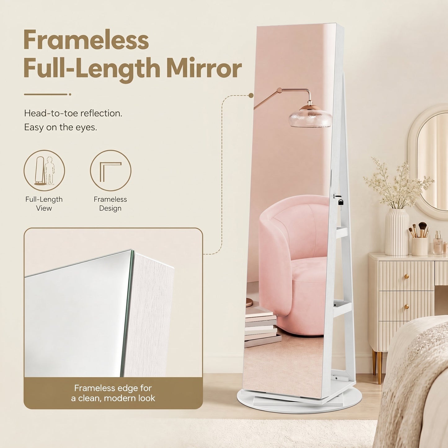 360° Rotating Mirrored Jewellery Cabinet, Lockable Jewellery Organiser, with Full-Length Mirror - image 12