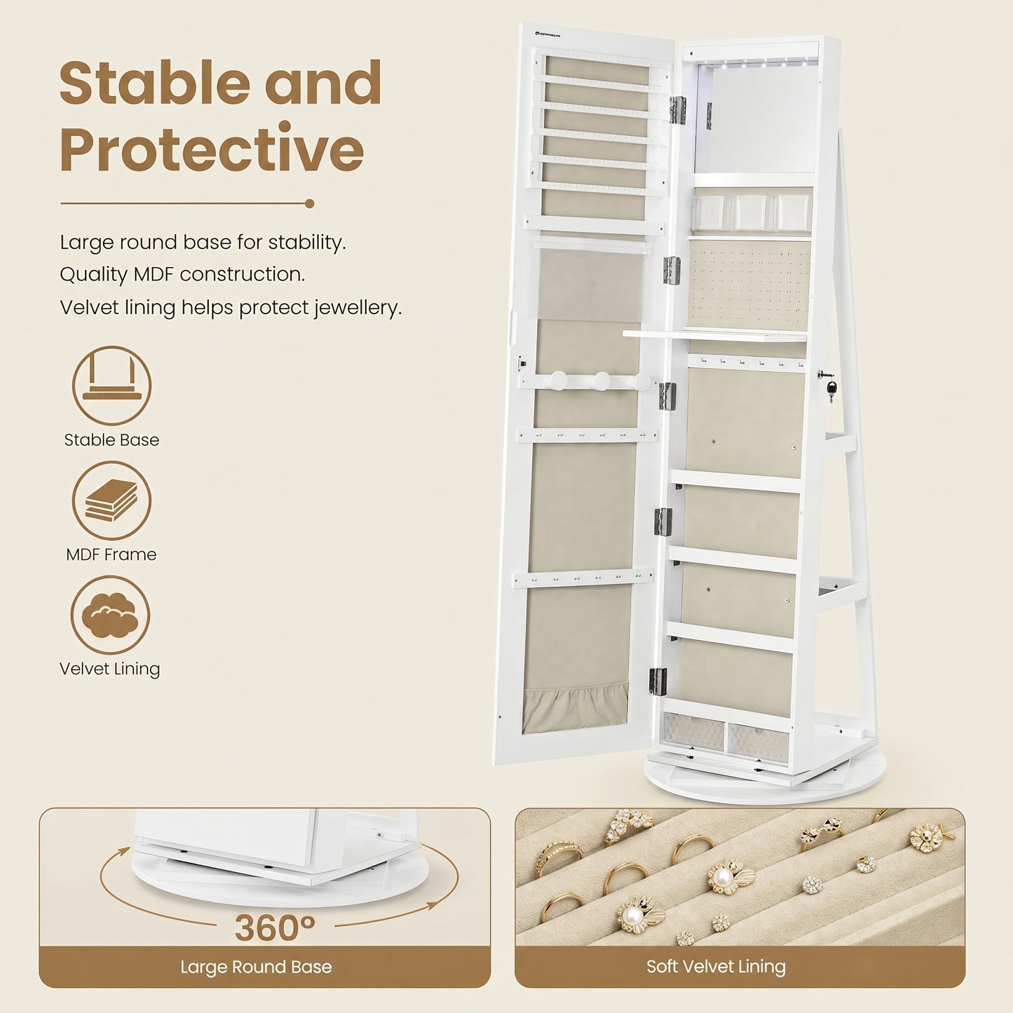 360° Rotating Mirrored Jewellery Cabinet, Lockable Jewellery Organiser, with Full-Length Mirror - image 13