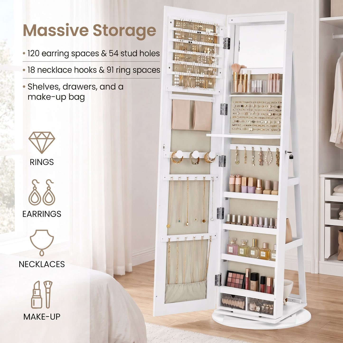 360° Rotating Mirrored Jewellery Cabinet, Lockable Jewellery Organiser, with Full-Length Mirror - image 14
