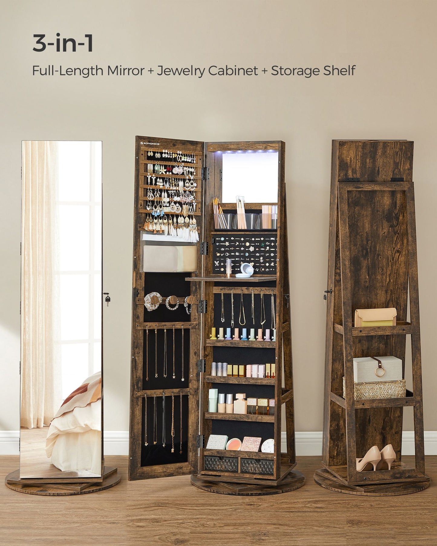 61-Inch Jewelry Cabinet with Lights - HWLEXTRA 