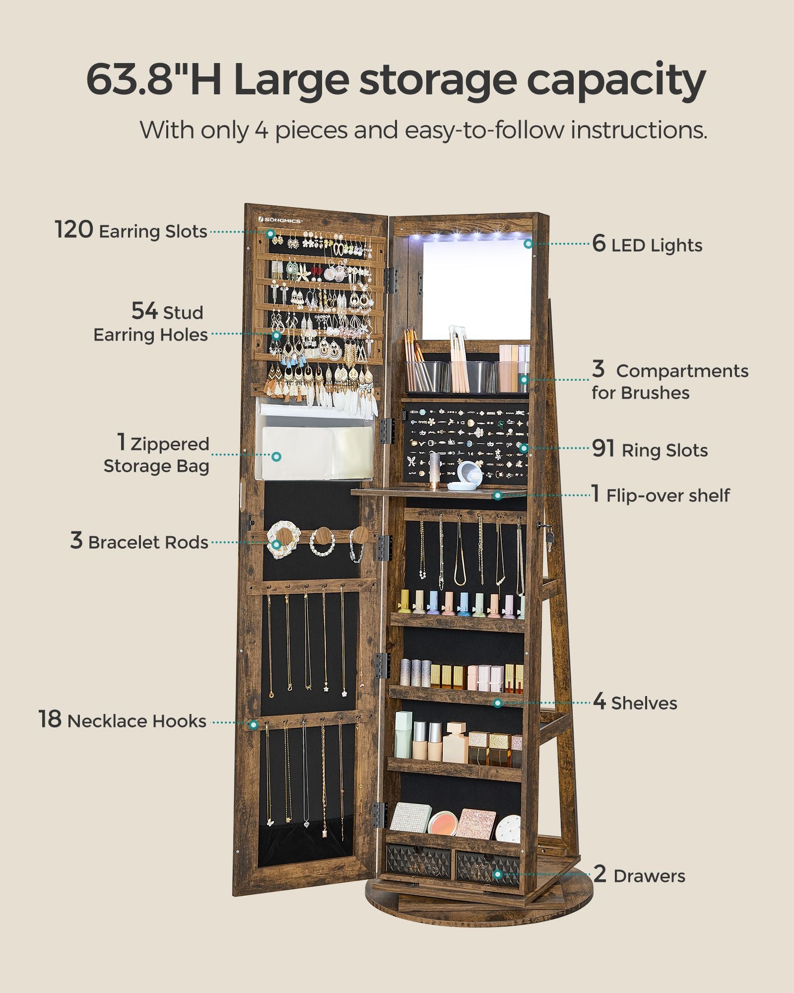 61-Inch Jewelry Cabinet with Lights - HWLEXTRA 
