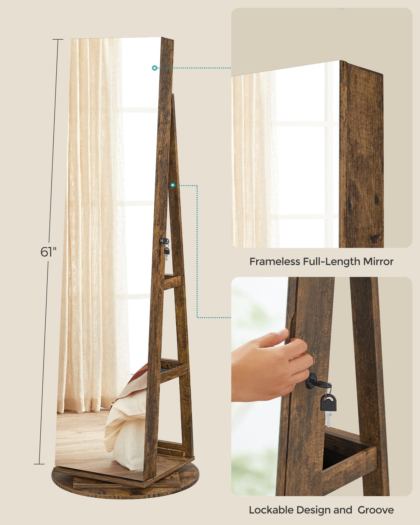 61-Inch Jewelry Cabinet with Lights - HWLEXTRA 