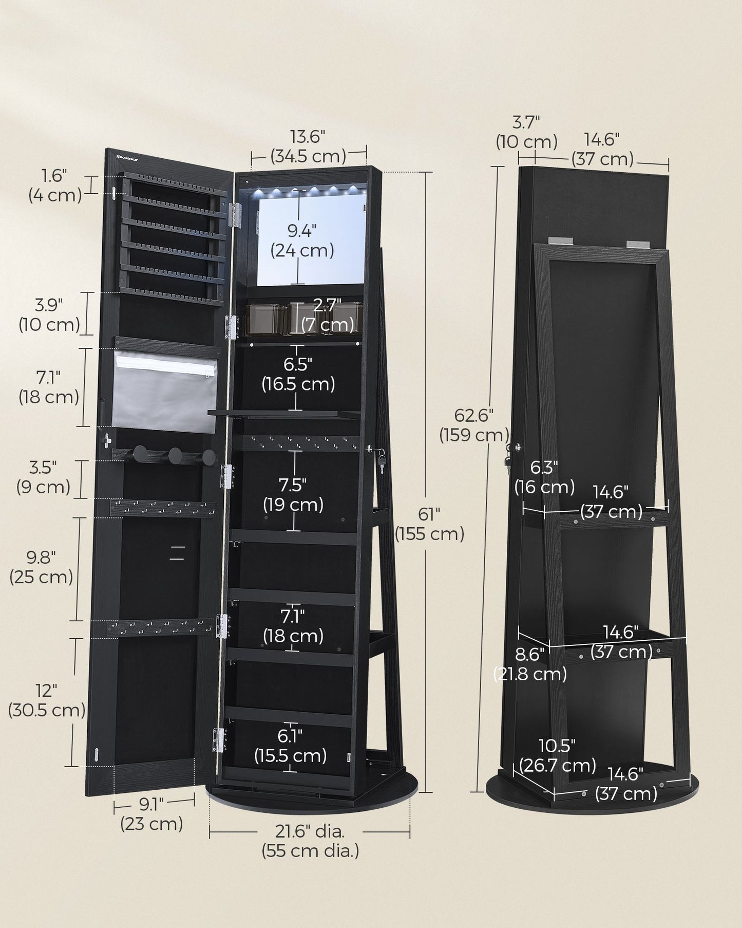 LED Mirror Jewelry Cabinet Standing - HWLEXTRA 