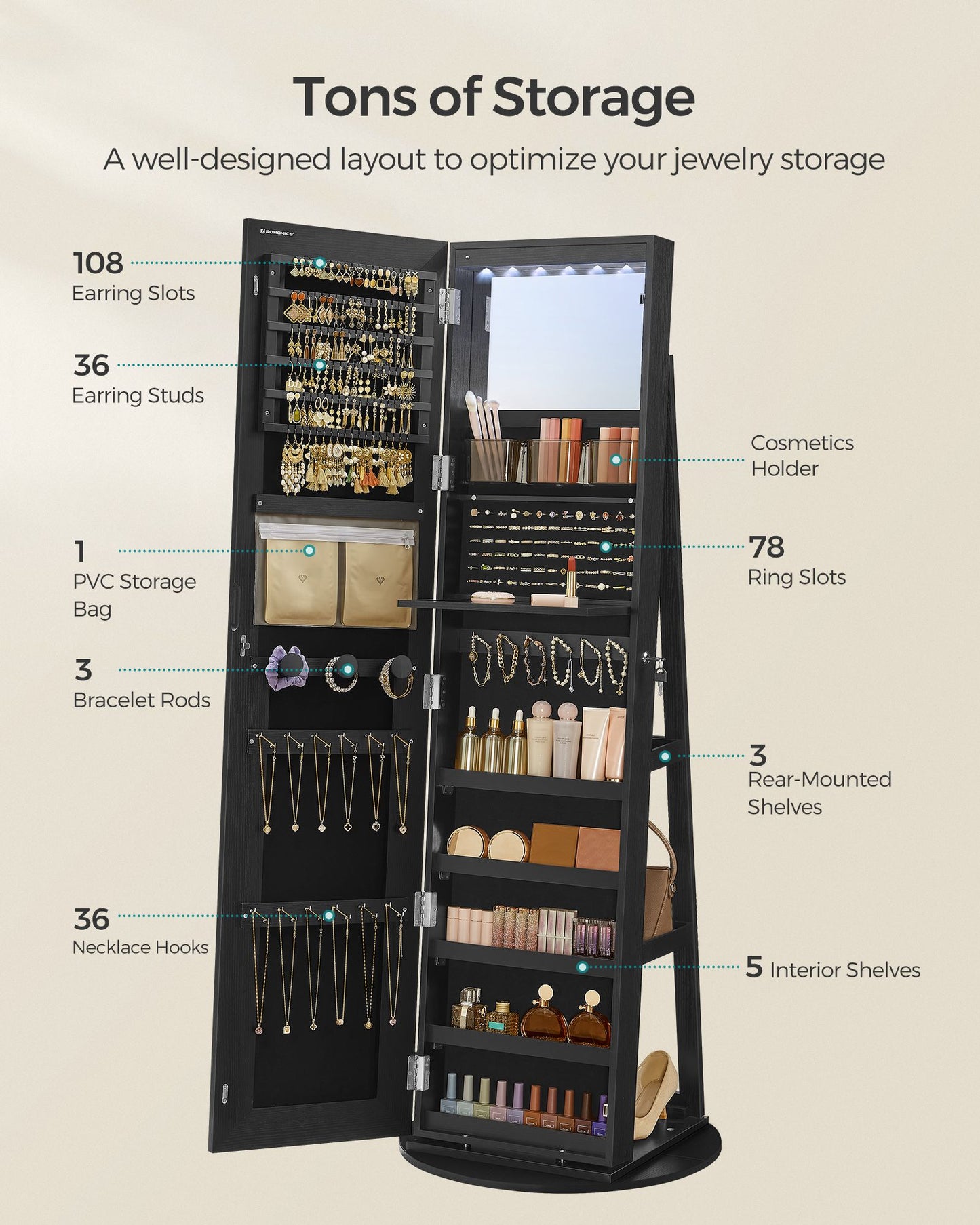 LED Mirror Jewelry Cabinet Standing - HWLEXTRA 