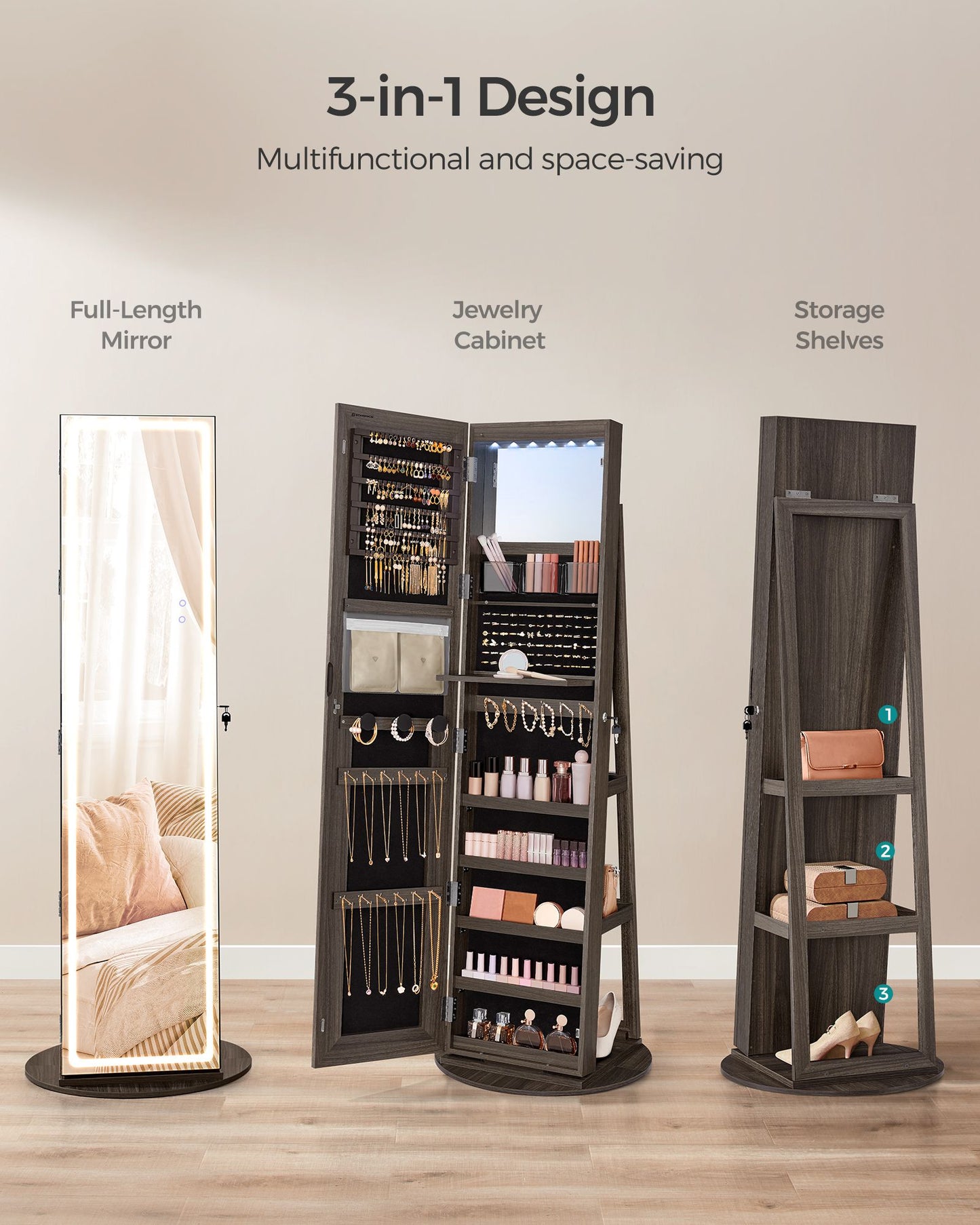 LED Mirror Jewelry Cabinet Standing - HWLEXTRA 