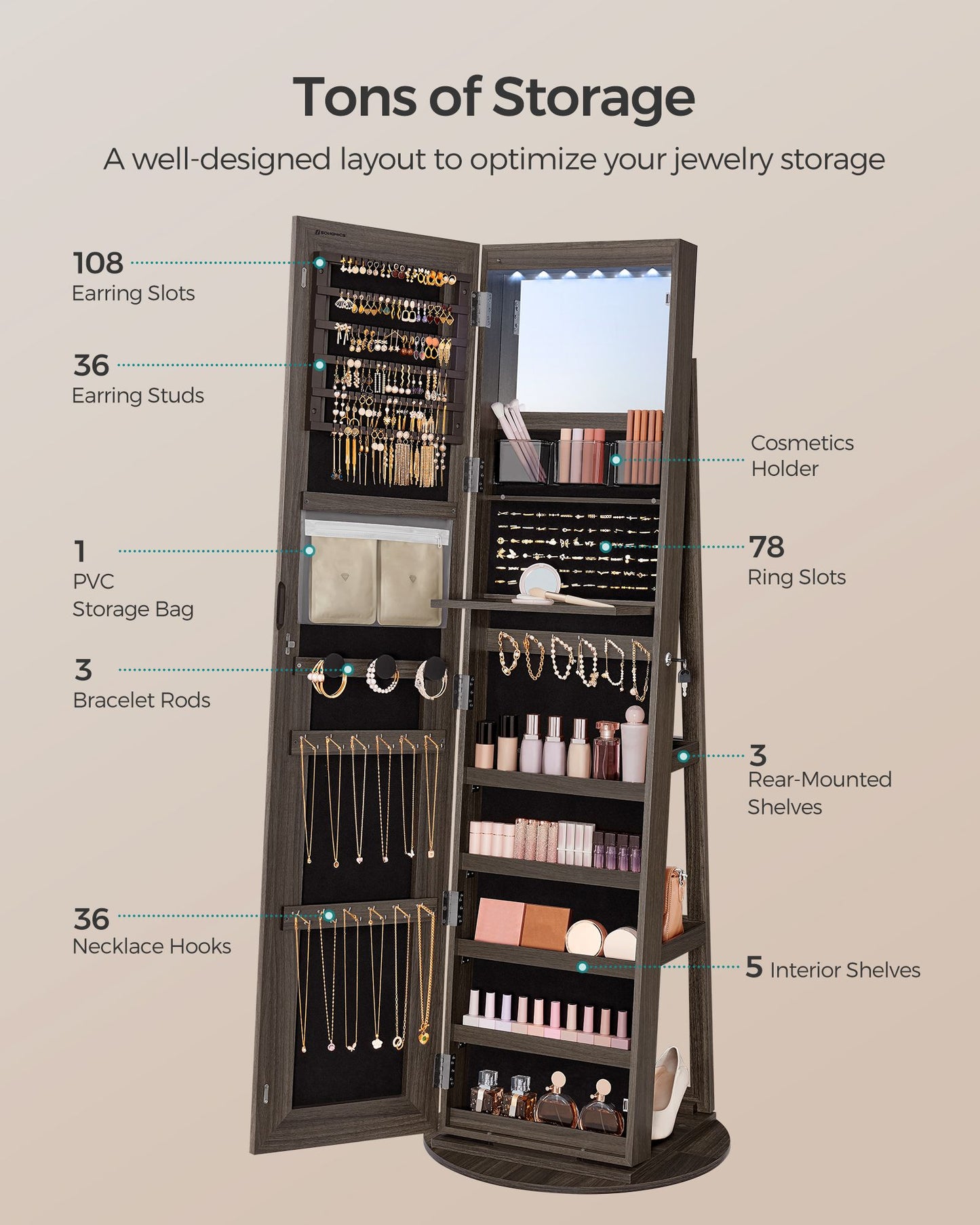 LED Mirror Jewelry Cabinet Standing - HWLEXTRA 