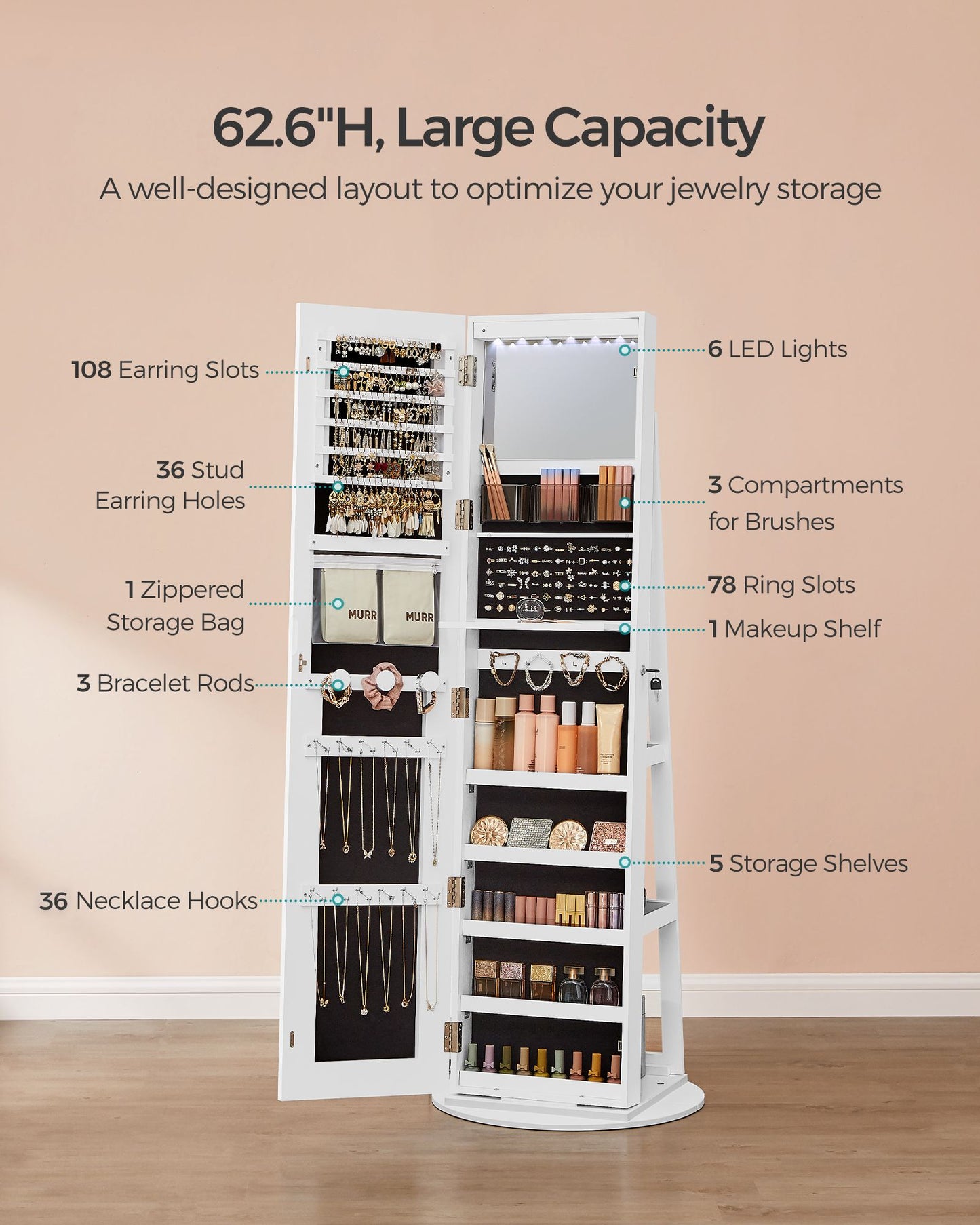 LED Mirror Jewelry Cabinet Standing - HWLEXTRA 