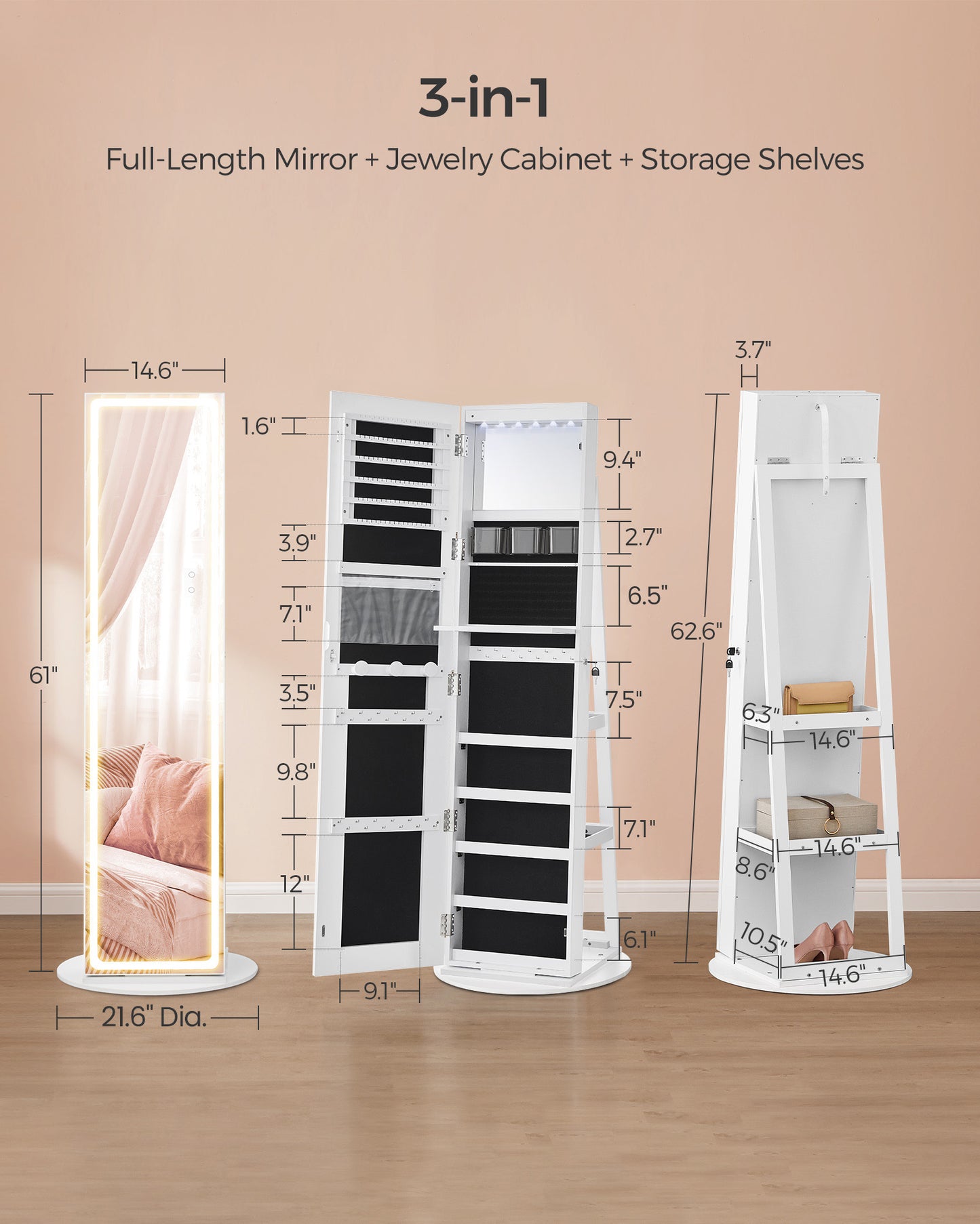 LED Mirror Jewelry Cabinet Standing - HWLEXTRA 
