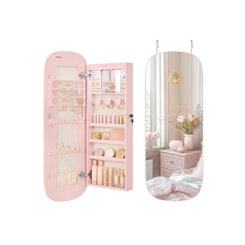 LED Jewelry Cabinet Wall/Door Mounted Jelly Pink Surface with Cream White Lining