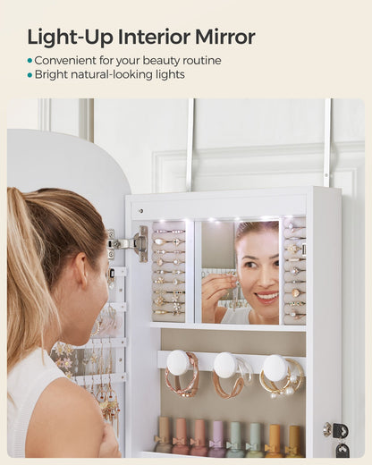 Armadiet, Specchiera Portagioielli, con Specchio, Chiusura e Luce LED e Ripiani
