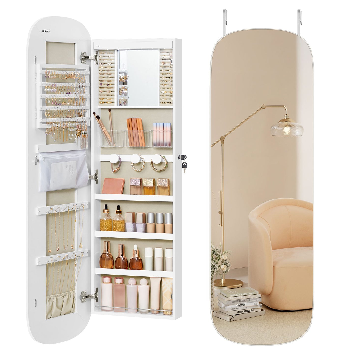 Jewelry Organizer, LED Jewelry Cabinet Wall/Door Mounted, 3.9 x 16.5 x 55 Inches, White Surface with Greige Lining - HWLEXTRA 