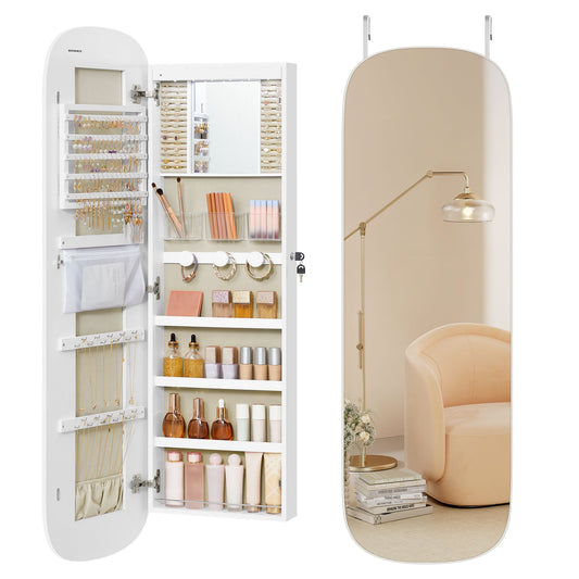 Jewelry Organizer, LED Jewelry Cabinet Wall/Door Mounted, 3.9 x 16.5 x 55 Inches, White Surface with Greige Lining - HWLEXTRA 