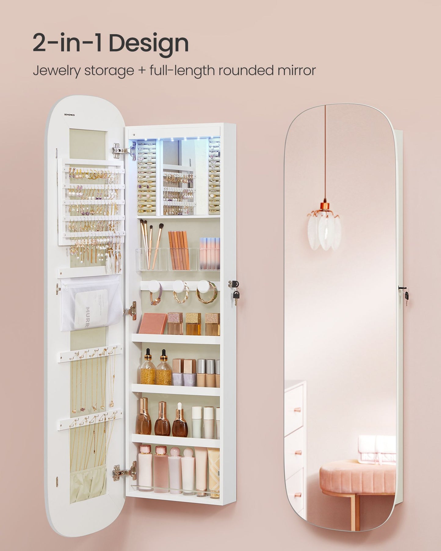 Jewelry Organizer, LED Jewelry Cabinet Wall/Door Mounted, 3.9 x 16.5 x 55 Inches, White Surface with Greige Lining - HWLEXTRA 