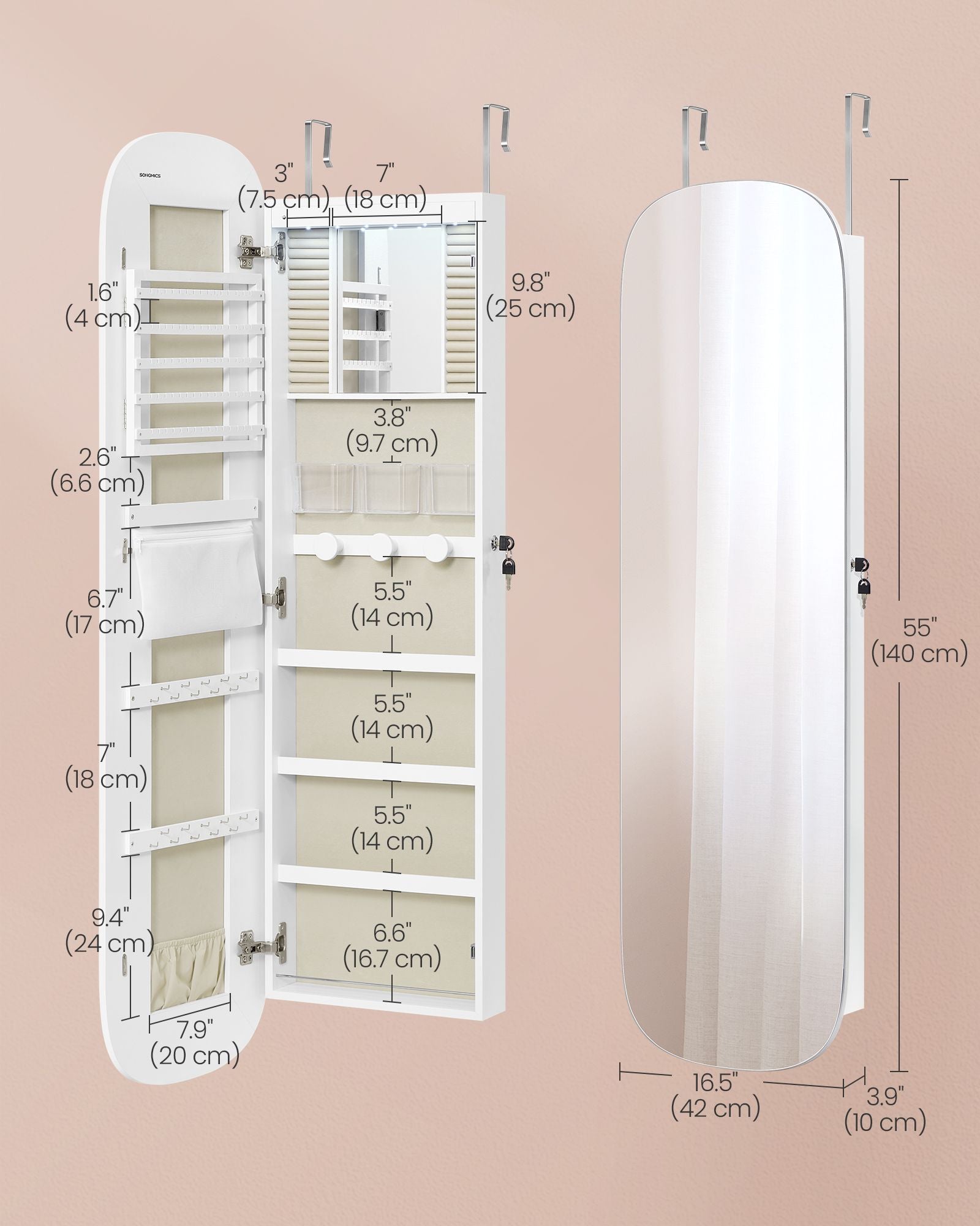 Jewelry Organizer, LED Jewelry Cabinet Wall/Door Mounted, 3.9 x 16.5 x 55 Inches, White Surface with Greige Lining - HWLEXTRA 