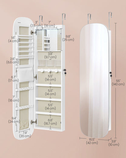 Jewelry Organizer, LED Jewelry Cabinet Wall/Door Mounted, 3.9 x 16.5 x 55 Inches, White Surface with Greige Lining - HWLEXTRA 