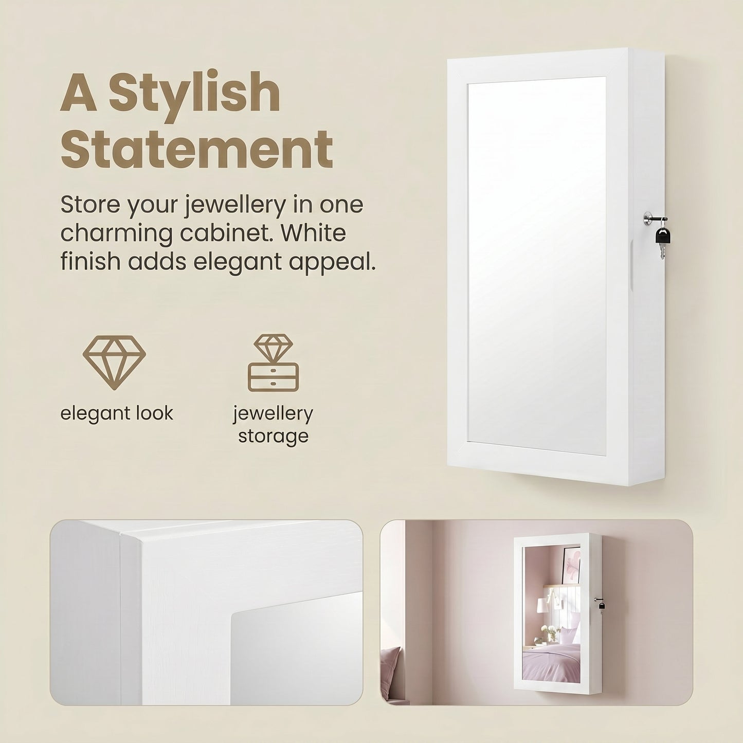 Lockable Jewellery Cabinet Armoire with Mirror, Wall-Mounted Space Saving Jewellery Storage Organizer - image 6
