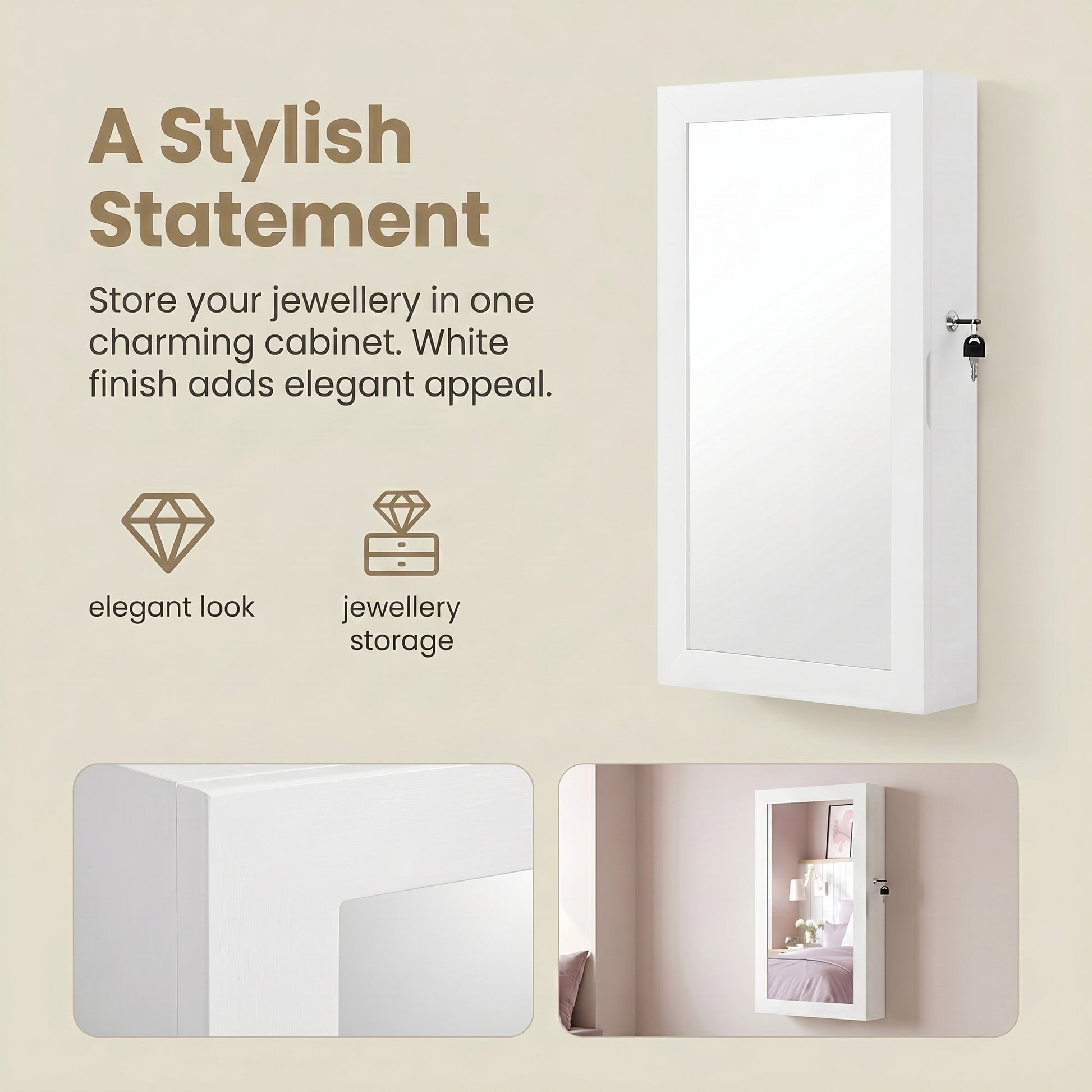 Lockable Jewellery Cabinet Armoire with Mirror, Wall-Mounted Space Saving Jewellery Storage Organizer - image 6