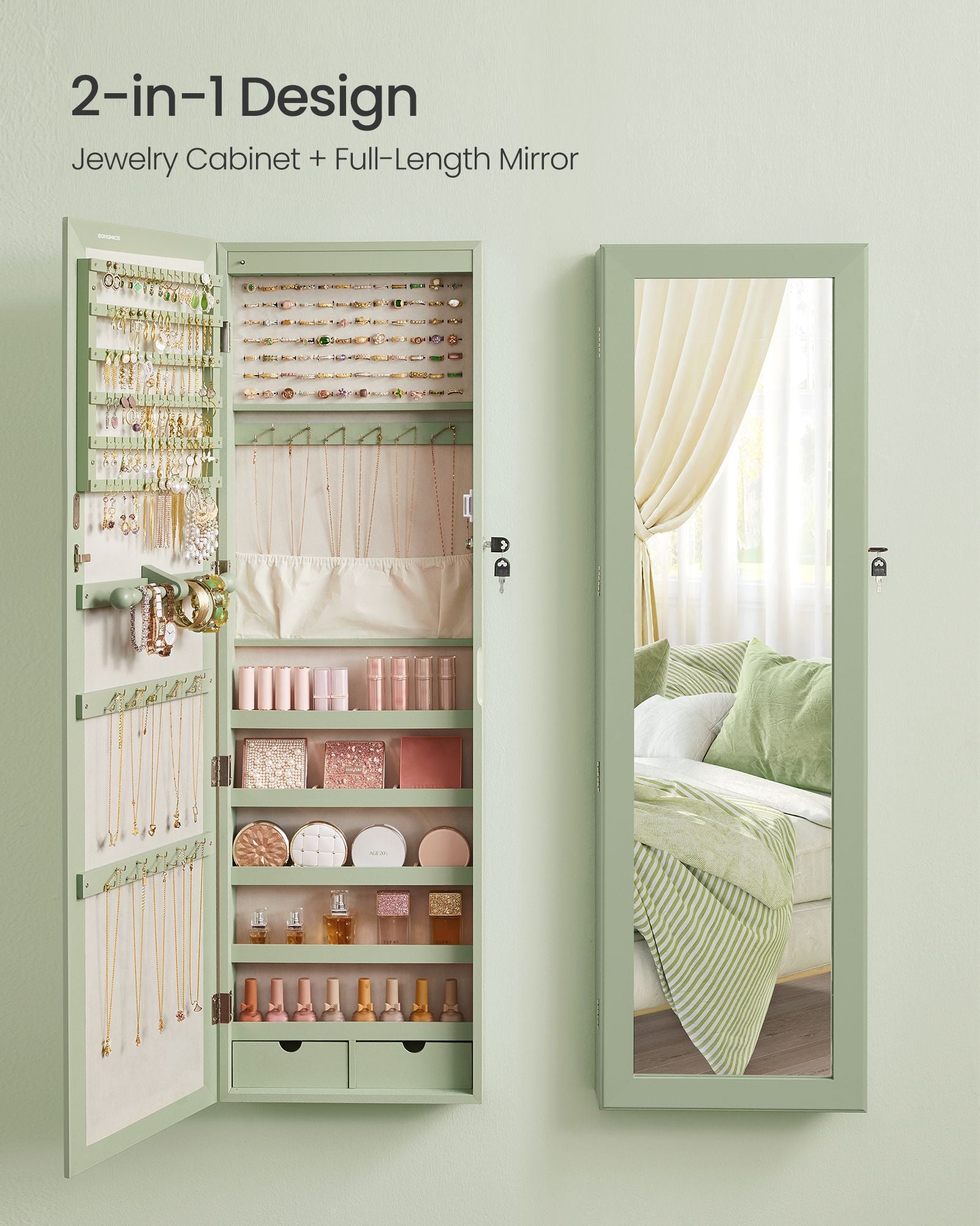 Lockable Wall or Door Mounted Jewelry Armoire Organizer with Mirror - HWLEXTRA 