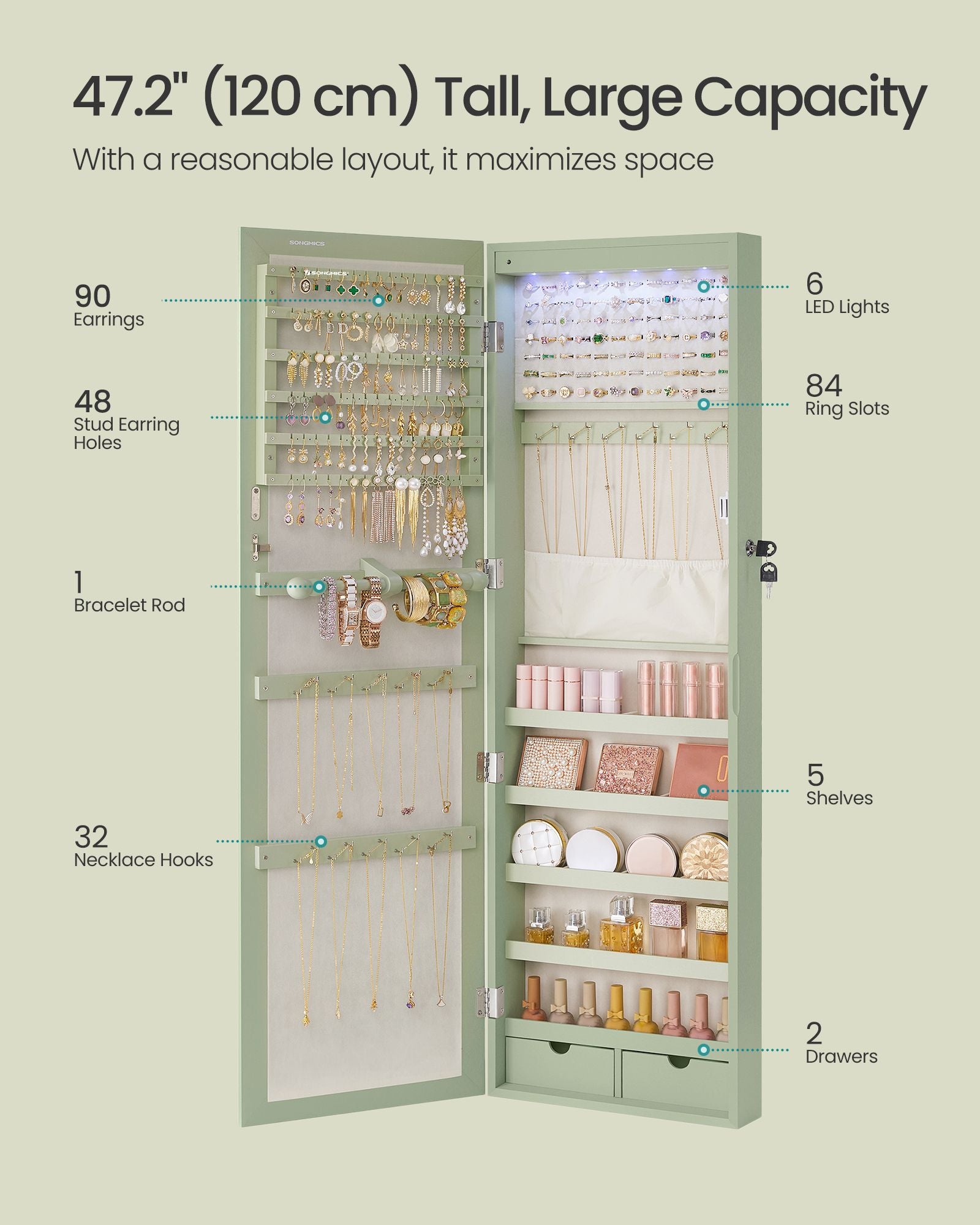 Lockable Wall or Door Mounted Jewelry Armoire Organizer with Mirror - HWLEXTRA 