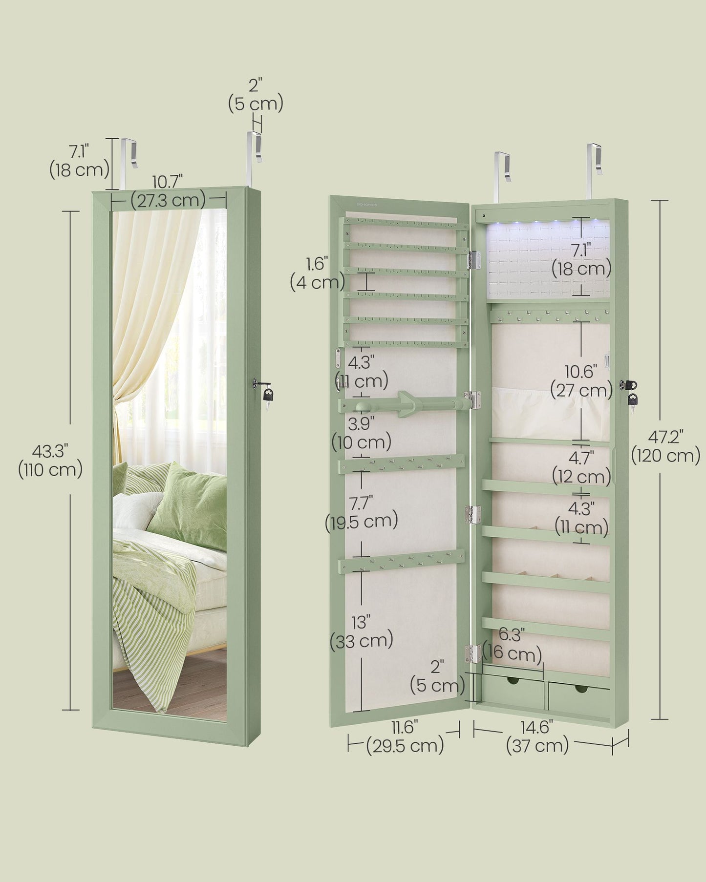 Lockable Wall or Door Mounted Jewelry Armoire Organizer with Mirror - HWLEXTRA 