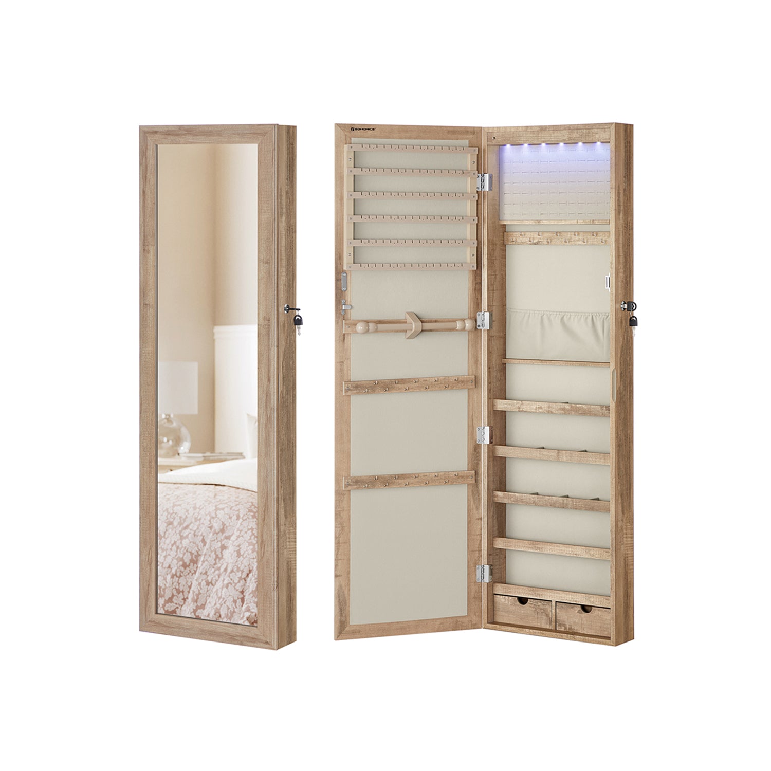Lockable Wall or Door Mounted Jewelry Armoire Organizer with Mirror