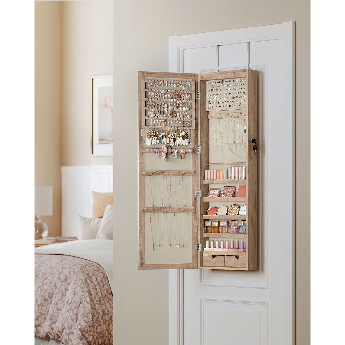Lockable Wall or Door Mounted Jewelry Armoire Organizer with Mirror - HWLEXTRA 