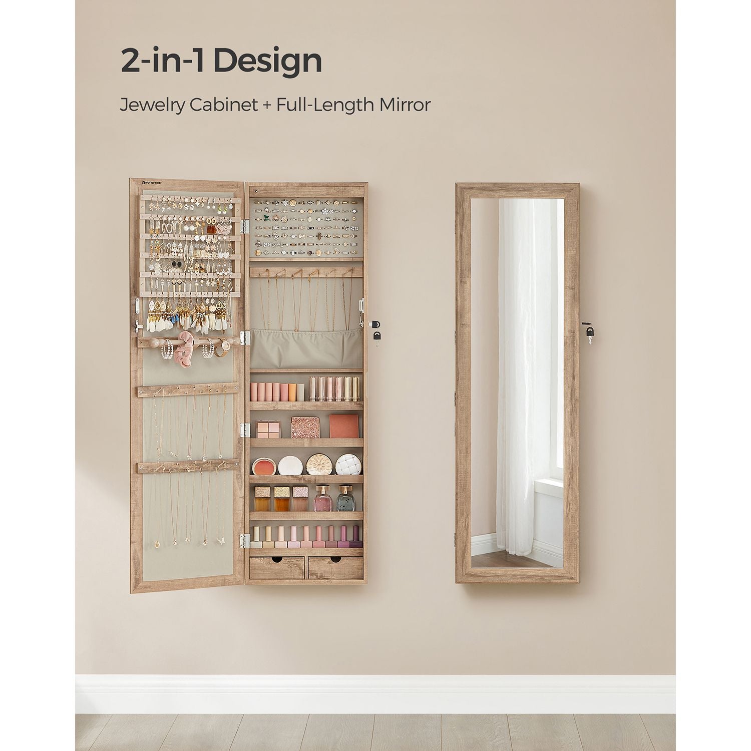 Lockable Wall or Door Mounted Jewelry Armoire Organizer with Mirror - HWLEXTRA 