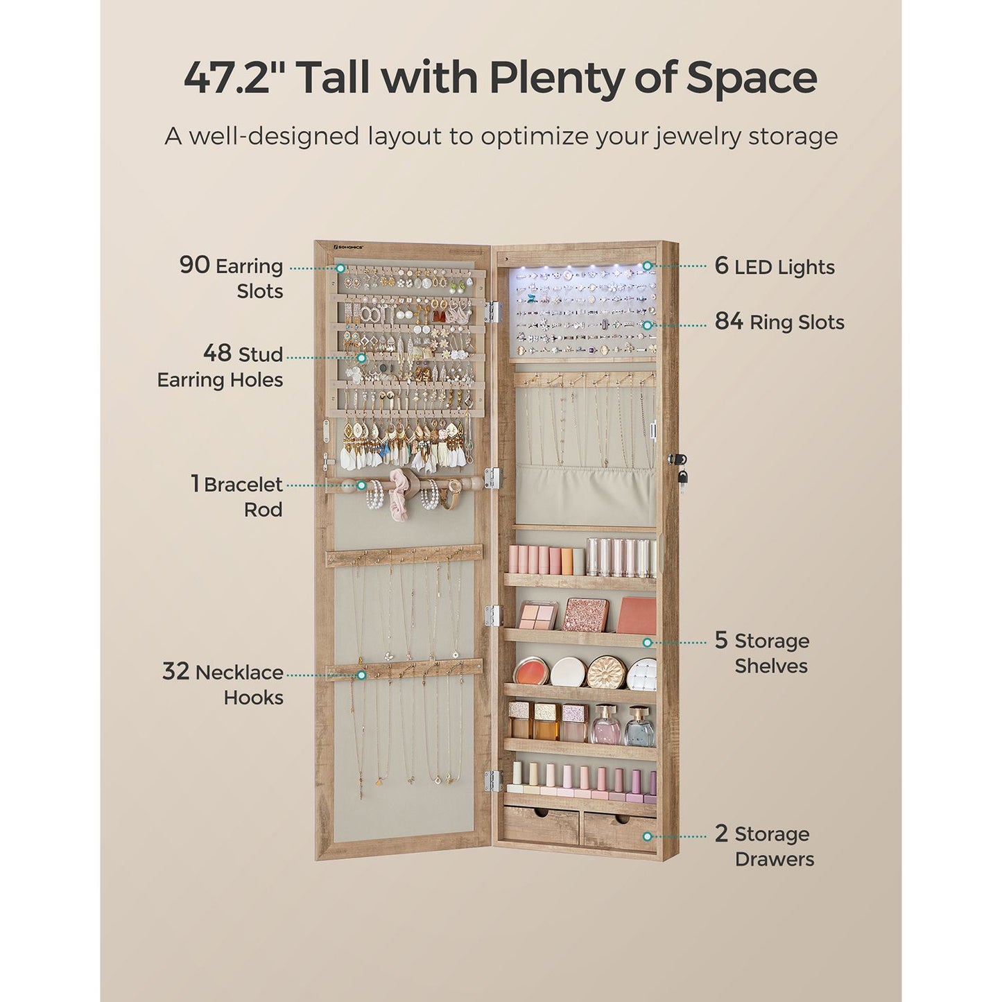 Lockable Wall or Door Mounted Jewelry Armoire Organizer with Mirror - HWLEXTRA 