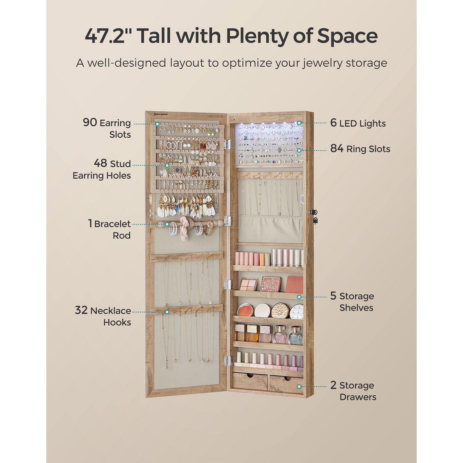 Lockable Wall or Door Mounted Jewelry Armoire Organizer with Mirror - HWLEXTRA 