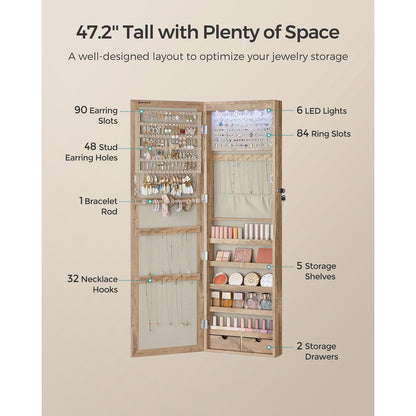 Lockable Wall or Door Mounted Jewelry Armoire Organizer with Mirror - HWLEXTRA 
