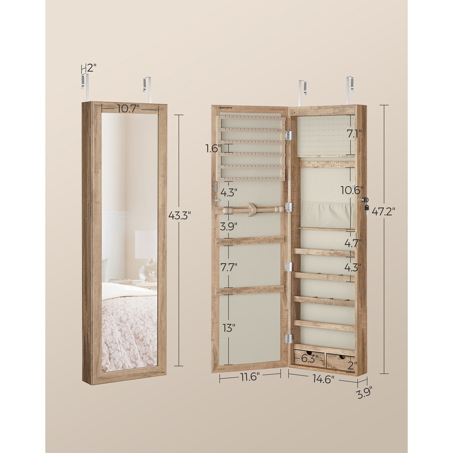 Lockable Wall or Door Mounted Jewelry Armoire Organizer with Mirror - HWLEXTRA 