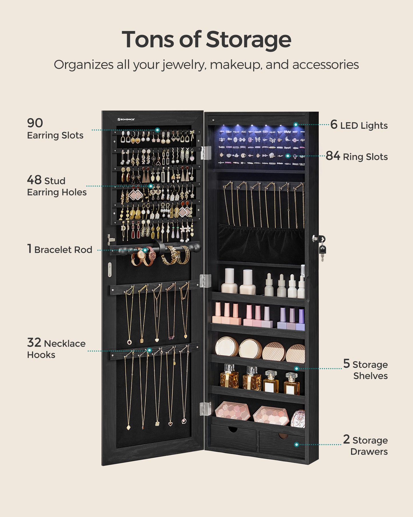 Hanging Jewelry Cabinet with LED Lights